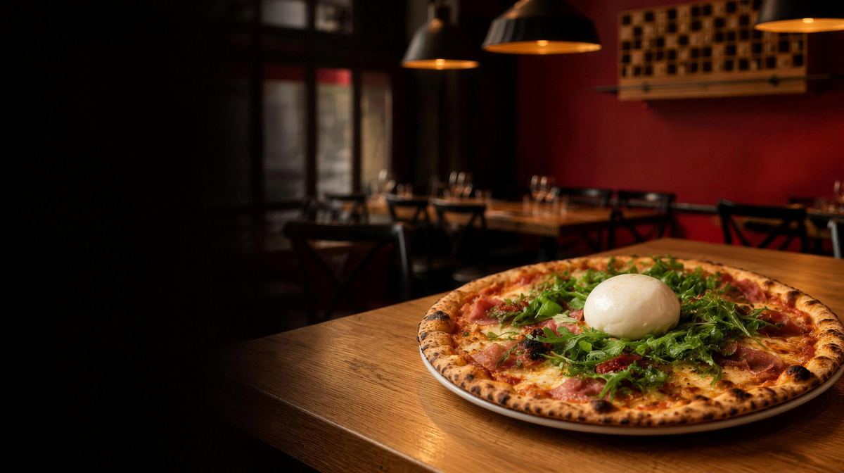 Pizza Di Burrata, burrata, roquette et jambon cru, sur une table devant le mur rouge de la salle